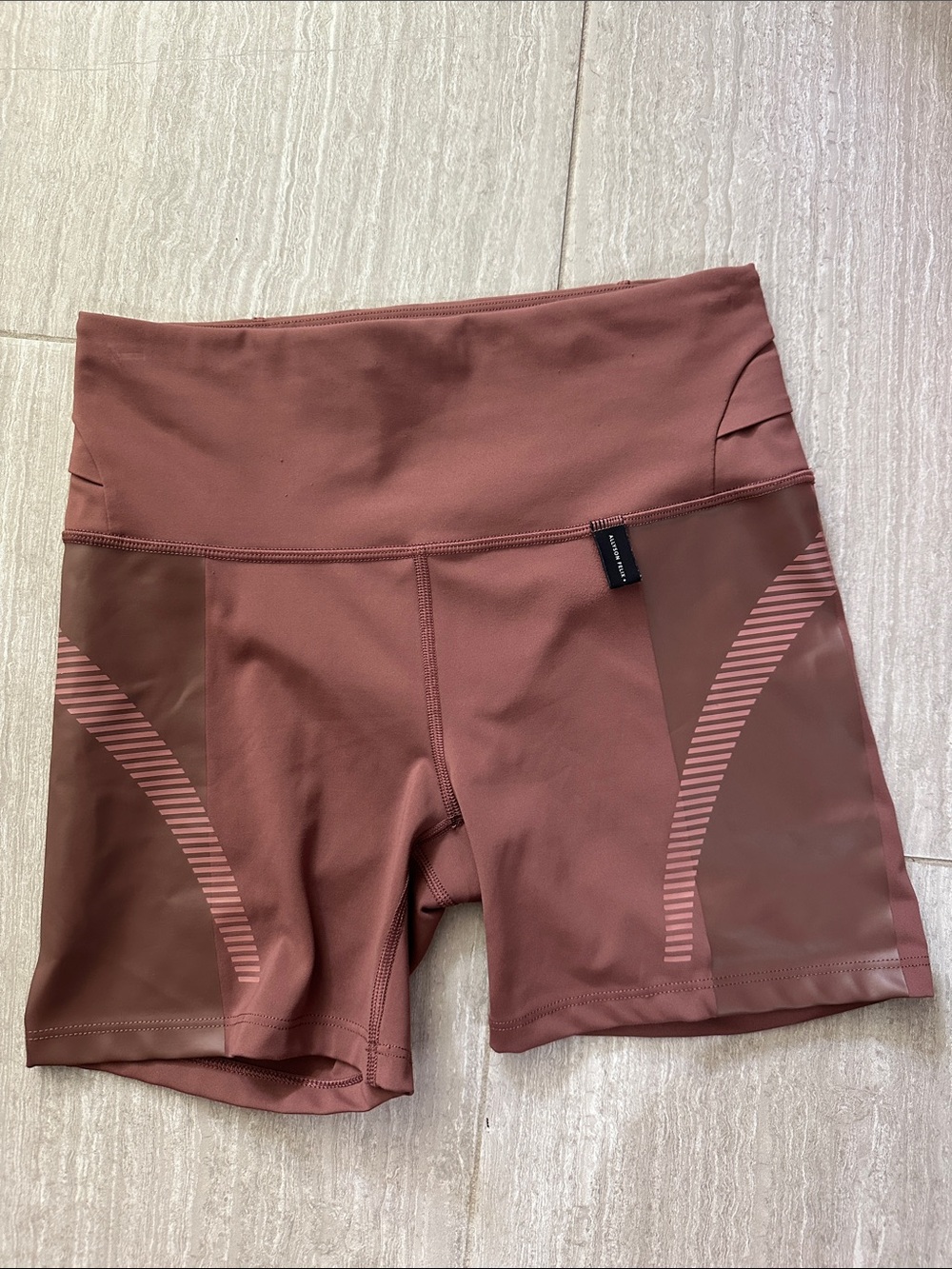 Athleta Allyson Felix Mauve Bike Shorts with Pink Stripe Accents